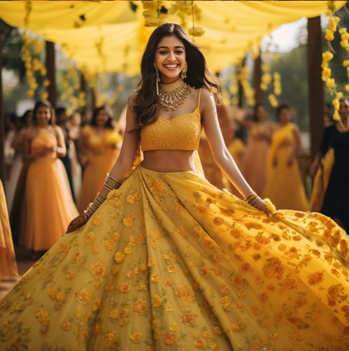 Minimal Yellow color designer lehenga for Bride