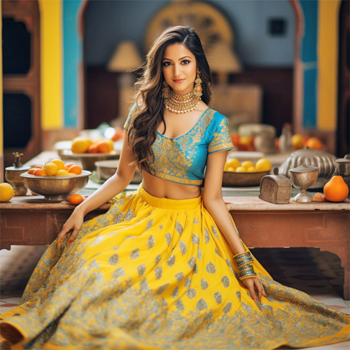 Pale Yellow Wedding Lehenga with Firozi top – Panache Haute Couture