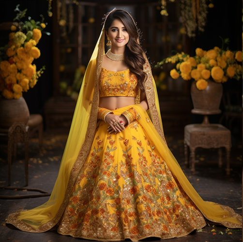 Buy Bollywood Sabyasachi Inspired Yellow color Fine art silk bridal lehenga  choli in UK, USA and Can