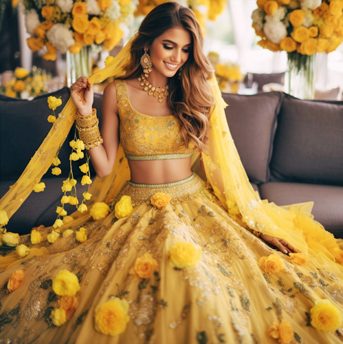 Bridal Lehengas : Yellow net thread and sequence embroidered ...